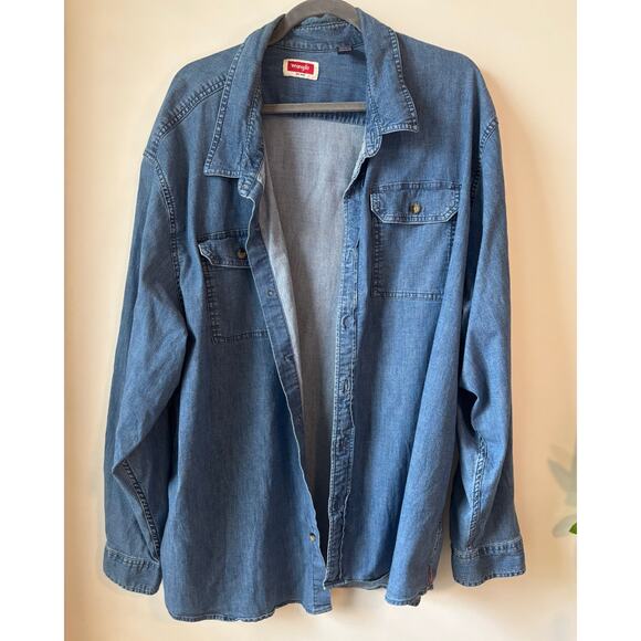 Wrangler Men’s Denim Button-Down Shirt 3XL Blue Stretch Chambray Western Casual - Picture 2 of 11